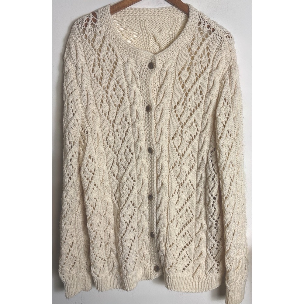 Handknit Open Knit Aran Wool Fisherman Cardigan Vintage Womens XL Cream